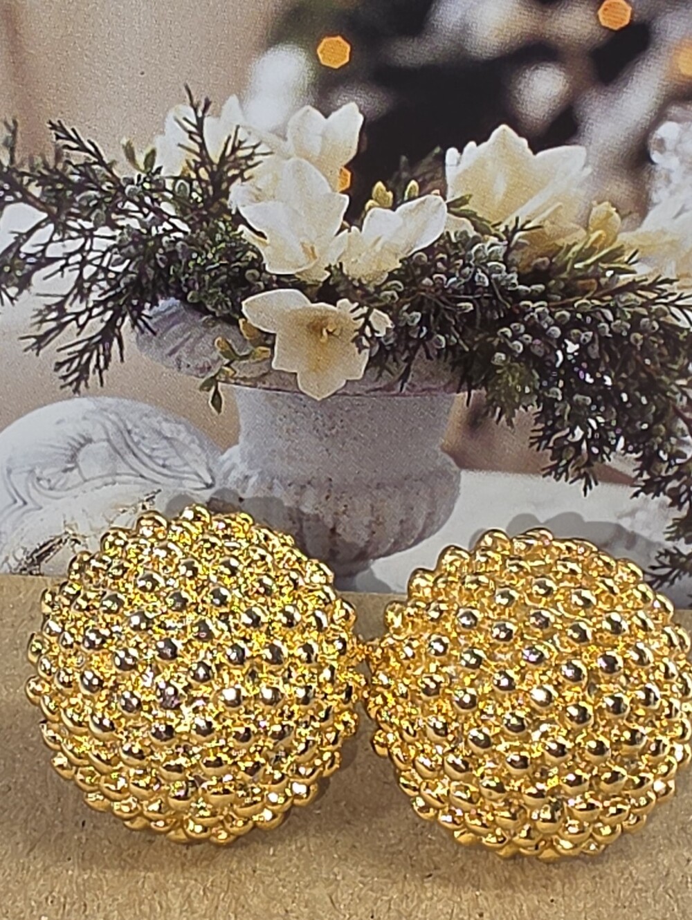 #2603, Etruscan Revival round gold tone clip earrings. Vtg ciner textured.